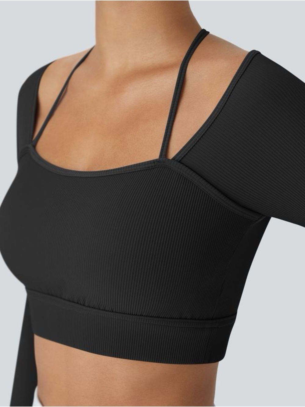 Halara Black Ribbed Long-Sleeve Crop Top with Strappy Detail and Thumb Holes